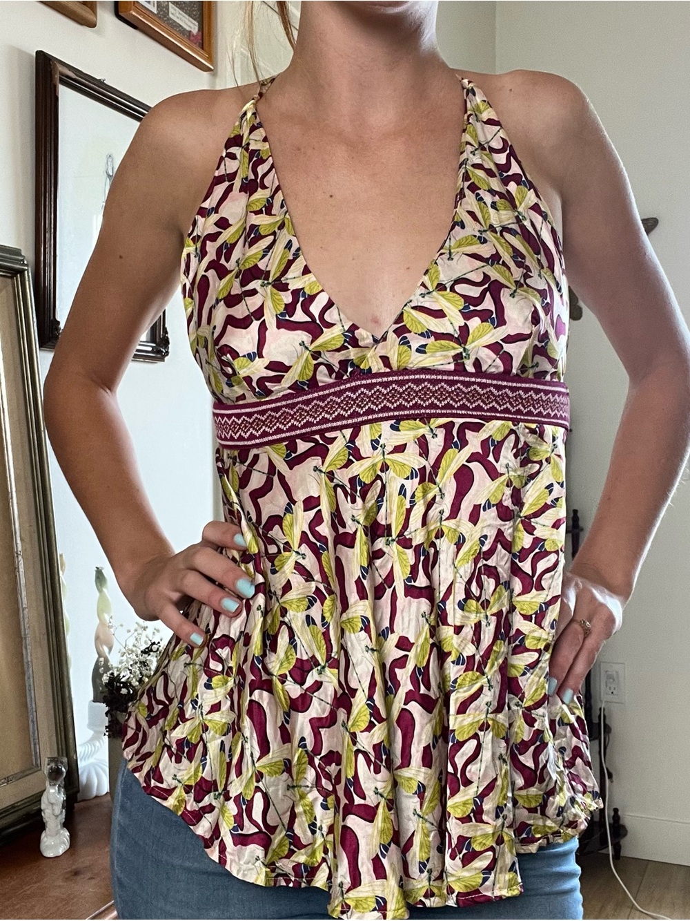Floral Halter Babydoll Top in Burgundy, Yellow & Cream Y2K dragonflies